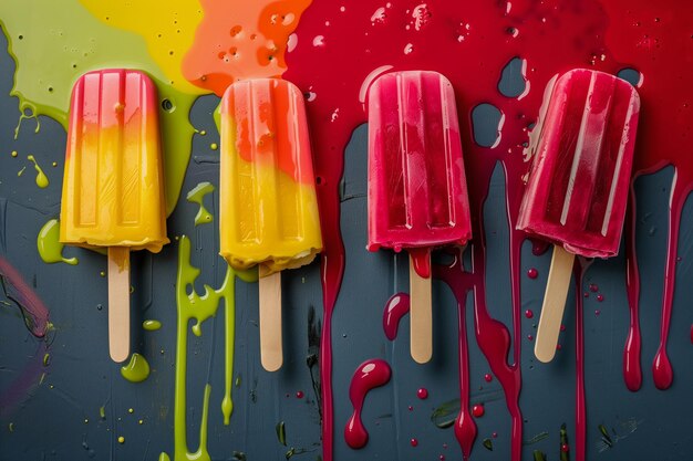 The ice pops are lined up on a gray surface