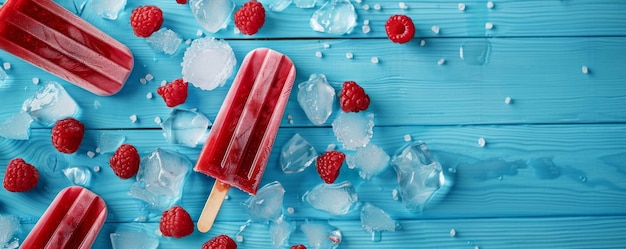 Ice popsicles with icy red color and fresh raspberries on blue wooden background