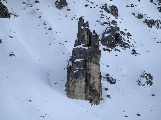 Ice on the rock on Fanes mountain dolomites in winter panorama