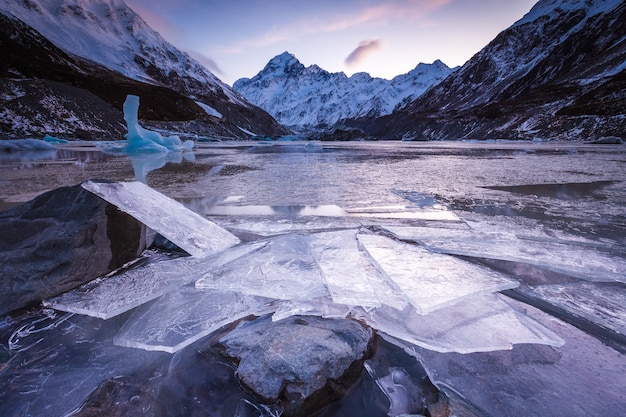 Ice on shore of Hooker Lake Hooker Valley Aoraki Mount Cook National Park