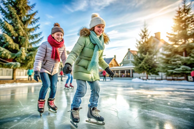 Photo ice skating outdoors during winter on white background