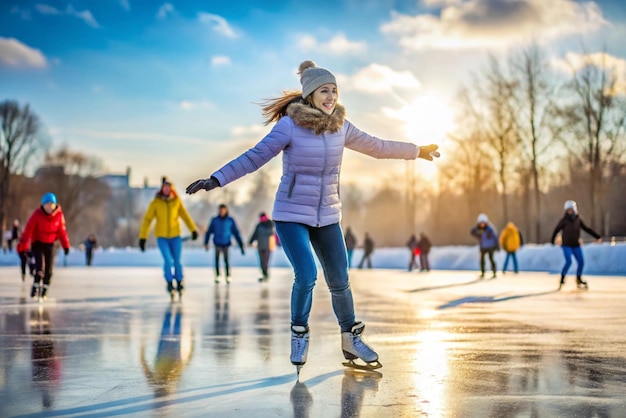 Photo ice skating outdoors during winter on white background