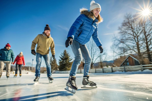 Photo ice skating outdoors during winter on white background