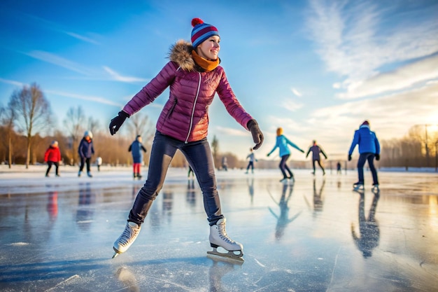 Photo ice skating outdoors during winter on white background