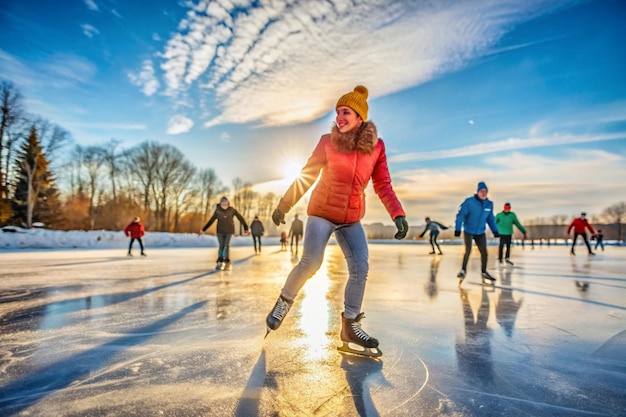 Photo ice skating outdoors during winter on white background