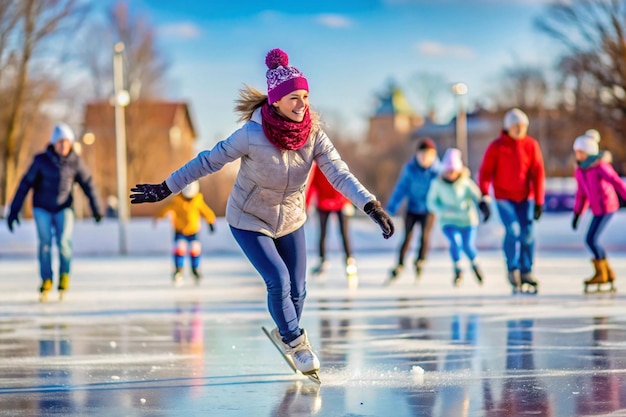 Photo ice skating outdoors during winter on white background