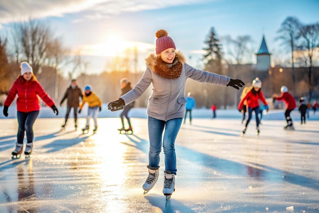 Photo ice skating outdoors during winter on white background