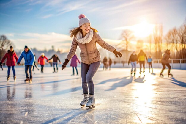 ice skating outdoors during winter on white background