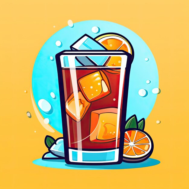 Ice tea cocktail Icon Summer cold drink with lemon and ice Cartoon style illustration