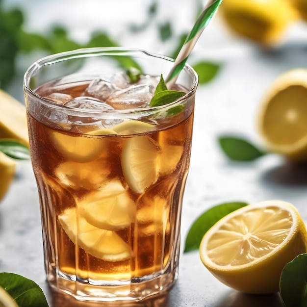 Ice tea in a glass with ice and lemon on mixed background