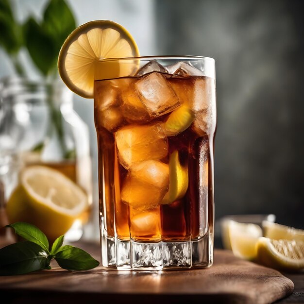 Ice tea in a glass with ice and lemon on mixed background