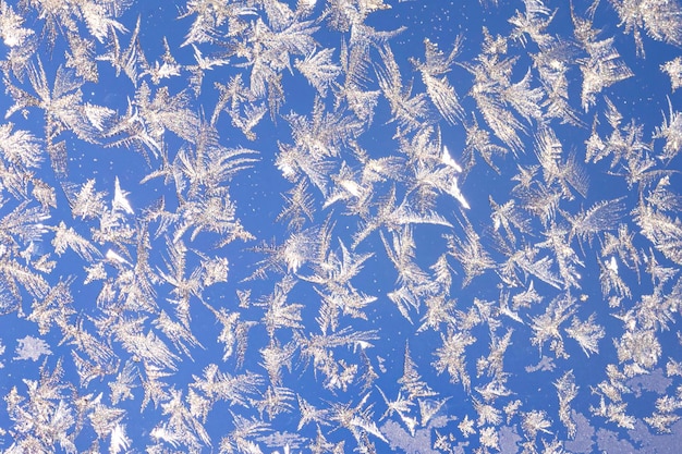 Ice on a window blue white macro