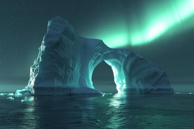 Iceberg arches under the dancing northern lights o