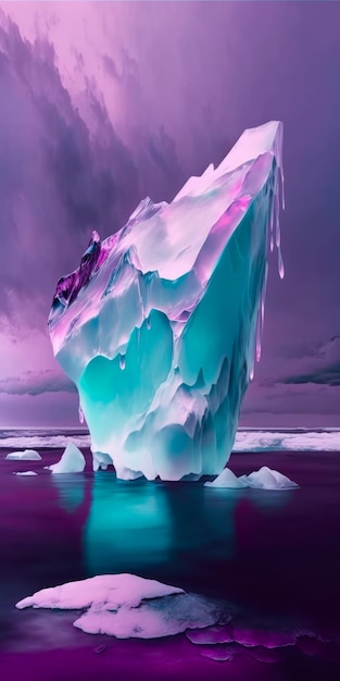 An iceberg floating in the ocean with purple and blue lighting Generative AI