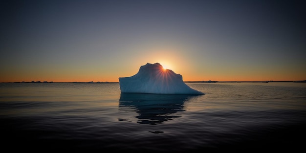 An iceberg floats in the ocean with the sun setting behind it.