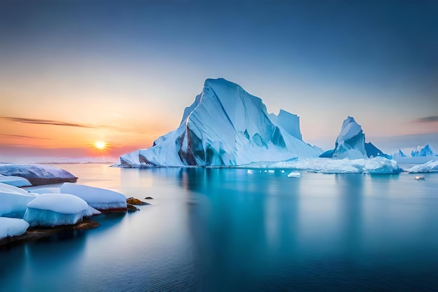 Iceberg in the ocean at sunset