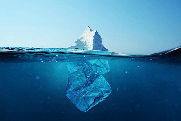 Iceberg with bottle in the ocean underwater Environmental pollution Plastic water bottles pollute ocean