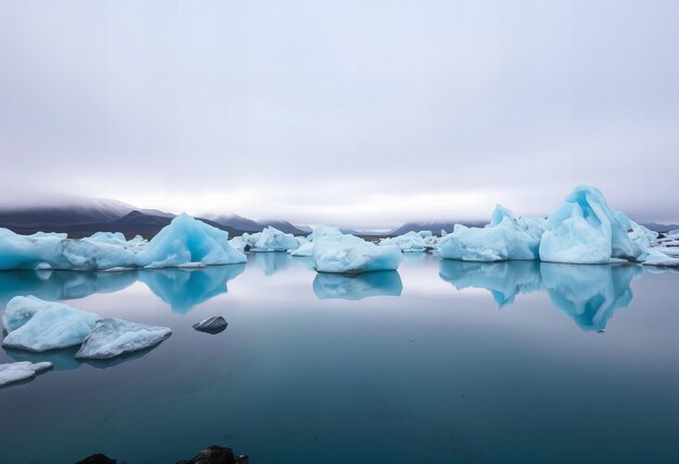 Photo icebergs are floating in a lake with the icebergs in the background