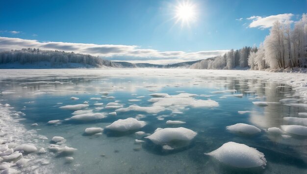 icebergs are in the water with the sun shining on them