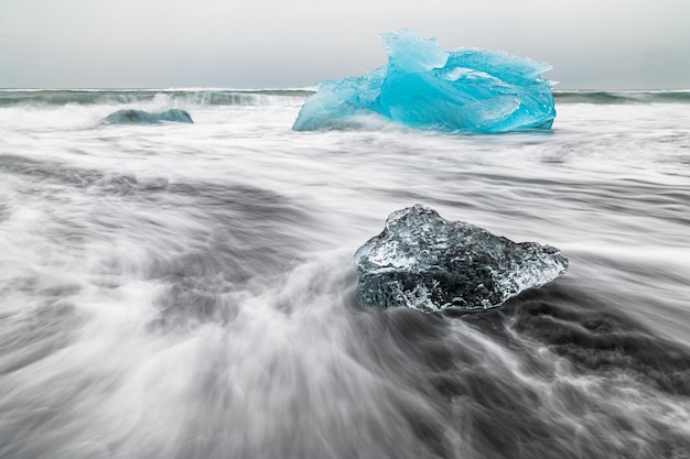 Icebergs coming from Vatnajokull located on the Diamond Beach near Jokulsarlon in South Iceland