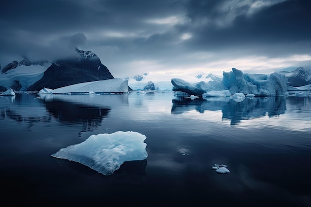 Icebergs floating in the still waters of a freezing fiord