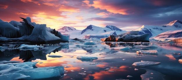 Icebergs in the glacier lagoon at sunset