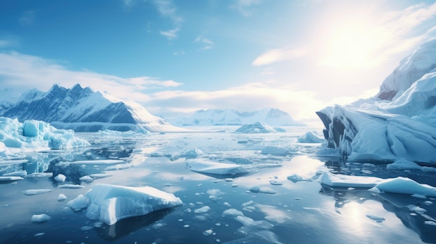 icebergs in the water with mountains in the background