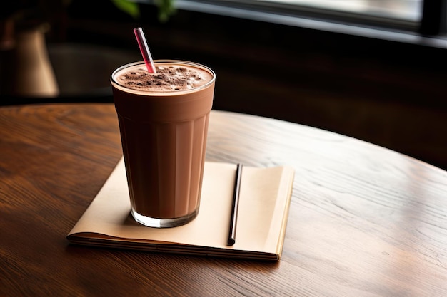 An icecold chocolate milkshake is placed on a wooden table accompanied by a brown straw The table