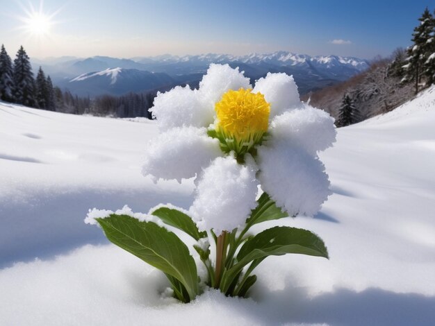 An icecovered river with a flower in bloom