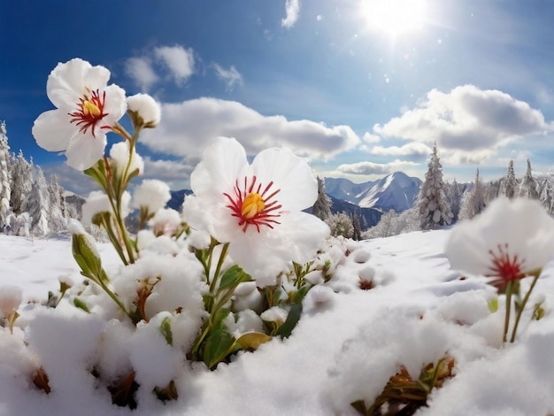 An icecovered river with a flower in bloom