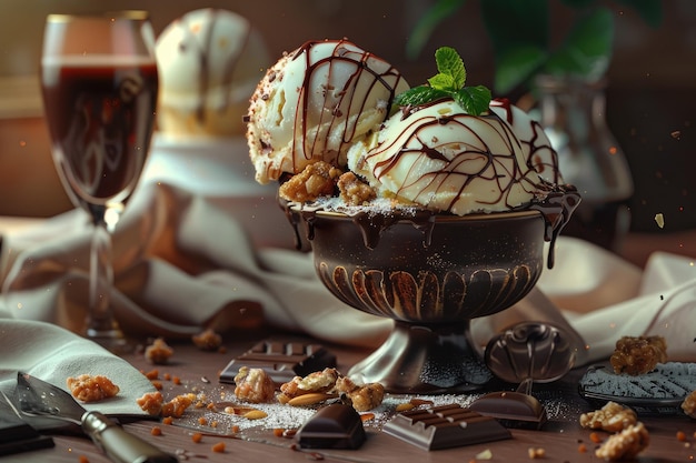 Photo icecream and chocolate on table