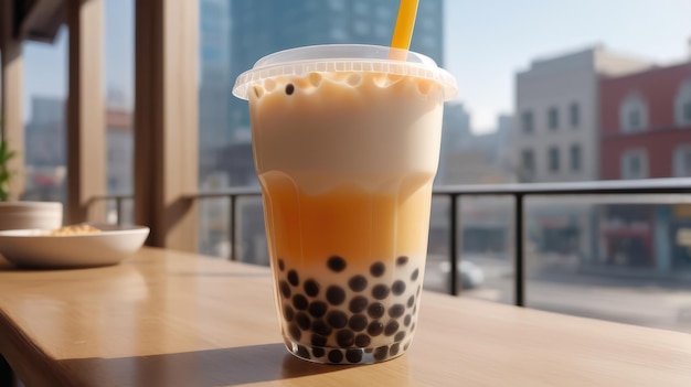 Iced Boba Tea with a Straw on a Wooden Table