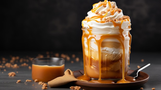 Iced caramel latte delight a refreshing coffee drink with whipped cream and caramel sauce