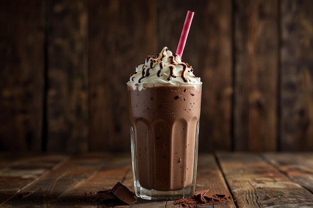 Iced chocolate milkshake drink on wood