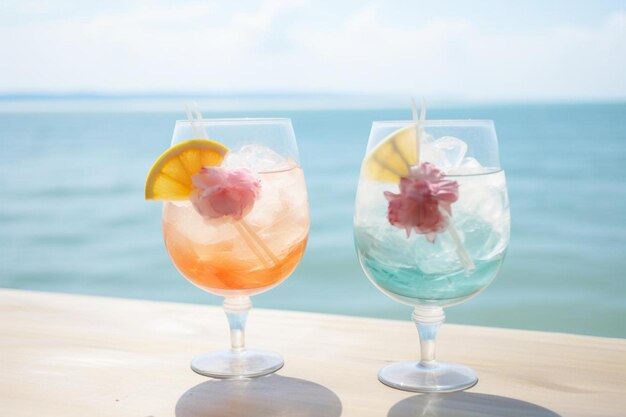 Iced cocktails drinking glass with beach and sea