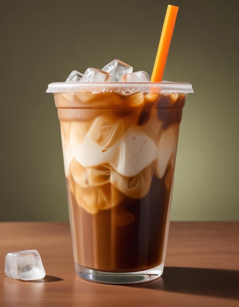 a iced coffee cup with ice and a straw