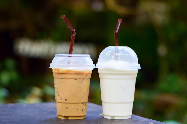 Iced coffee and iced milk in the garden