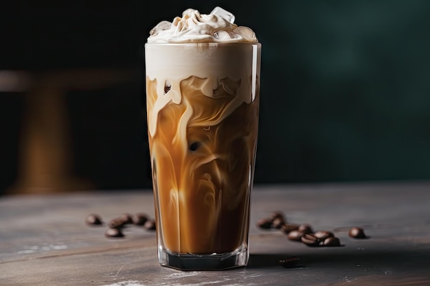 Iced coffee latte featuring a swirl of milk and creamy foam on top created with generative ai