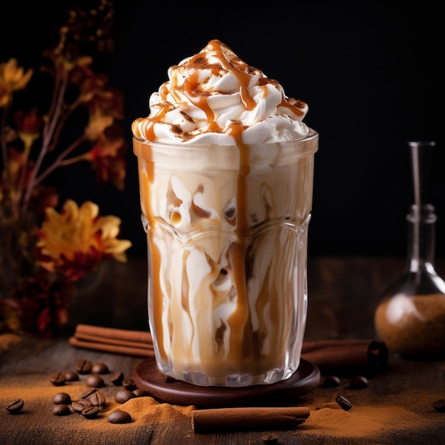 Iced coffee latte with cinnamon and nutmeg spiced swirl