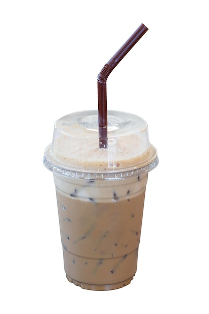 Iced coffee in plastic glass isolated on white background