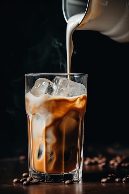 Iced coffee pouring drink milk