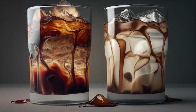 Iced coffee served in glasses isolated on dark background Generative AI