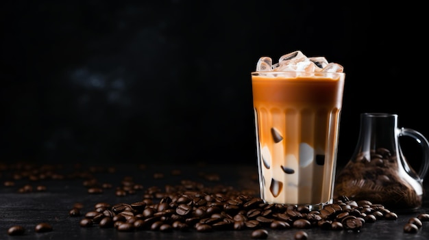 Iced coffee with cream and coffee beans on a dark