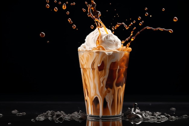 Iced coffee with cream on dark stone background Ample copy space for customization