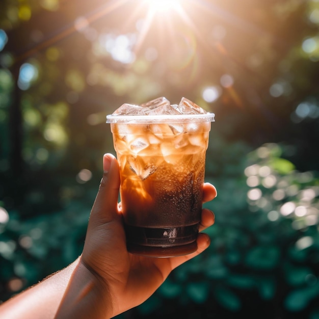 Iced coffee with ice in a glass cup on the nature background