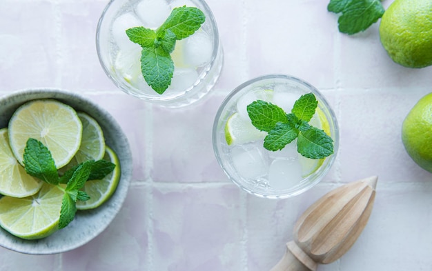 Iced cold lemonade with fresh lime and juice