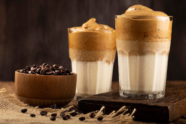 Iced Dalgona Coffee glass with milk and coffee cream