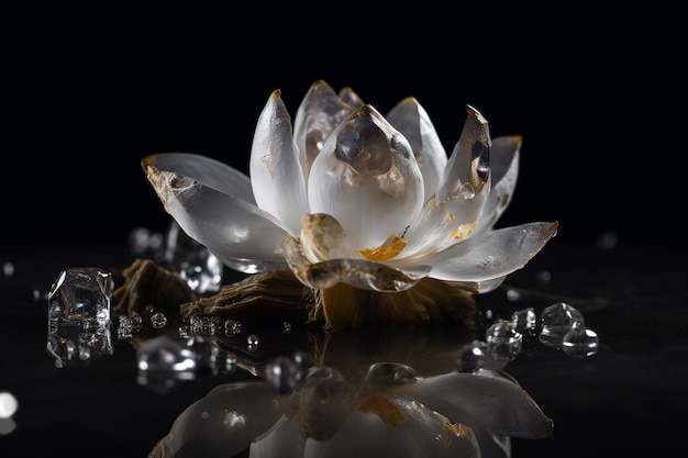 Iced and glassy lotus blossom with crystals around on dark background generative ai