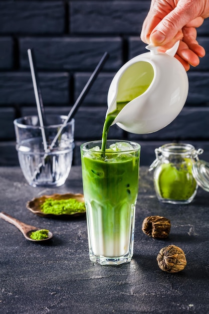 Iced Green matcha tea or matcha latte in glass