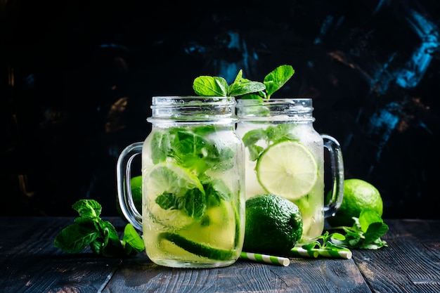 Iced green tea with lime and mint in glass jars dark background selective focus